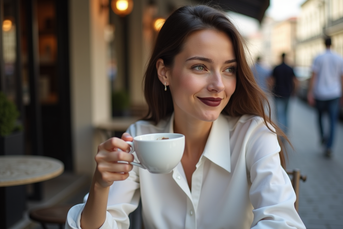 Jeune femme buvant un café dans un café de rue