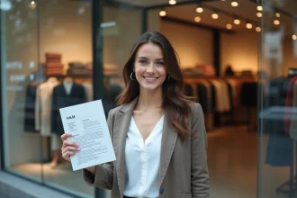 Jeune femme souriante tenant un CV devant une boutique H&M pour postuler sans expérience dans la mode