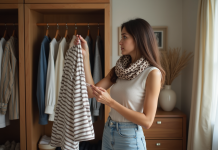 Jeune femme choisissant un vêtement dans sa garde-robe