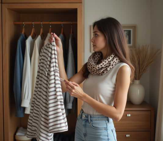 Jeune femme choisissant un vêtement dans sa garde-robe