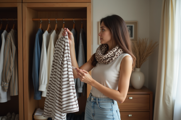 jeune-femme-choix-vetements Jeune femme choisissant un vêtement dans sa garde-robe