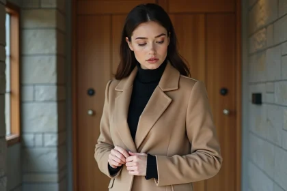 Jeune femme en manteau beige un peu déchiré
