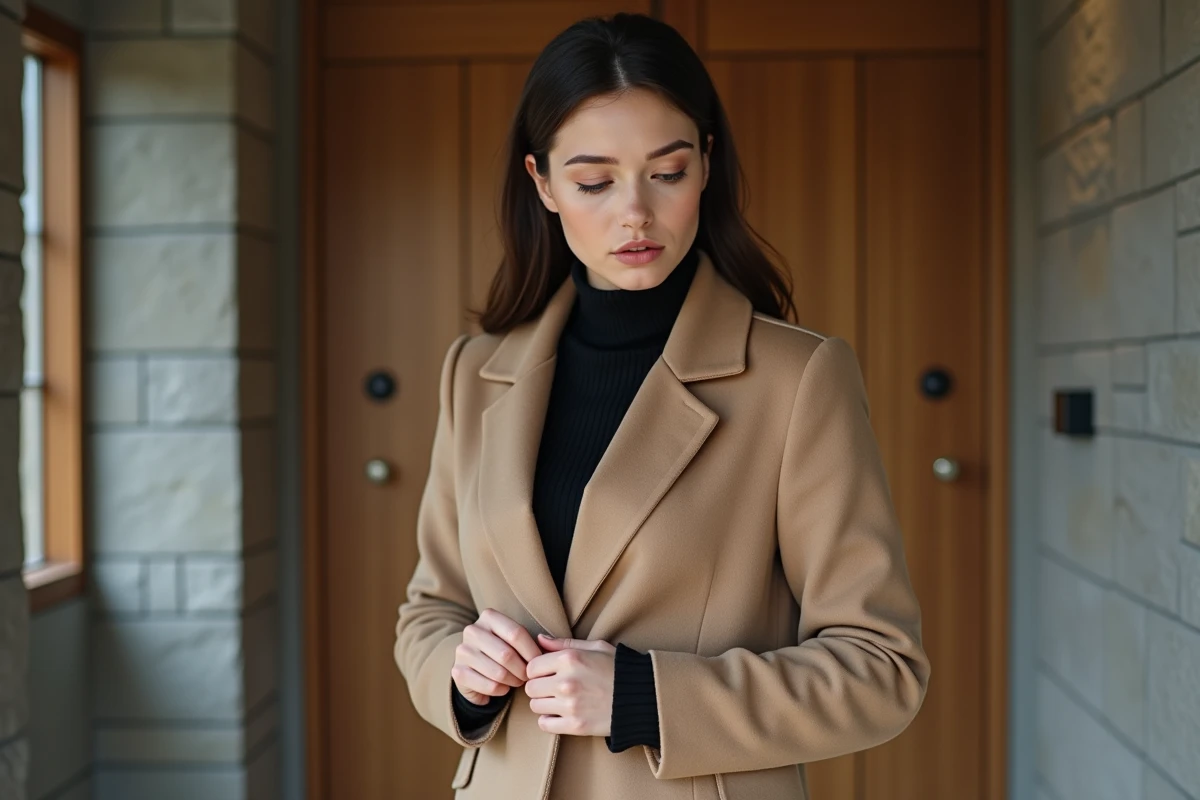 Jeune femme en manteau beige un peu déchiré
