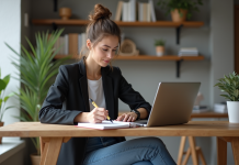 Jeune femme esquissant un logo dans un bureau moderne