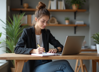 Lancer une marque : découverte du temps idéal pour se lancer Jeune femme esquissant un logo dans un bureau moderne