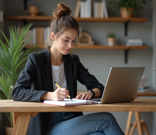 Lancer une marque : découverte du temps idéal pour se lancer Jeune femme esquissant un logo dans un bureau moderne