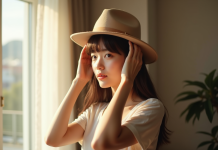 Jeune femme ajustant sa frange sous un fedora à la lumière naturelle