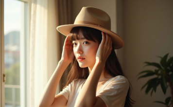 Frange : maintenir une frange sous un chapeau avec efficacité Jeune femme ajustant sa frange sous un fedora à la lumière naturelle