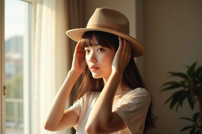 Jeune femme ajustant sa frange sous un fedora à la lumière naturelle