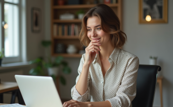 Jeune femme stylée travaillant sur son ordinateur dans un espace créatif