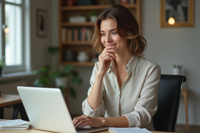 Jeune femme stylée travaillant sur son ordinateur dans un espace créatif