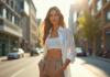 Jeune femme à la mode dans une rue urbaine ensoleillée