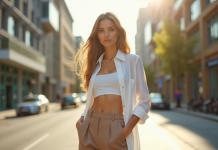 Jeune femme à la mode dans une rue urbaine ensoleillée