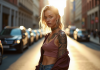 Jeune femme mode avec tatouages mohori sur une rue ensoleillee