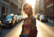 Jeune femme mode avec tatouages mohori sur une rue ensoleillee