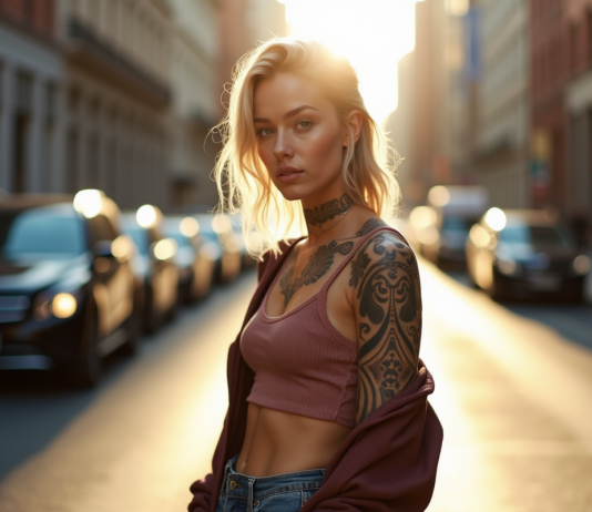 Jeune femme mode avec tatouages mohori sur une rue ensoleillee