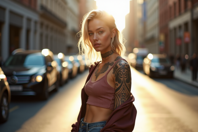 Jeune femme mode avec tatouages mohori sur une rue ensoleillee