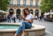 Birkenstocks : identifier le principal rival dans le marché français Jeune femme à Paris vérifiant ses chaussures sur une fontaine