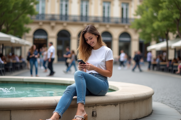 jeune-femme-paris-fountain Jeune femme à Paris vérifiant ses chaussures sur une fontaine