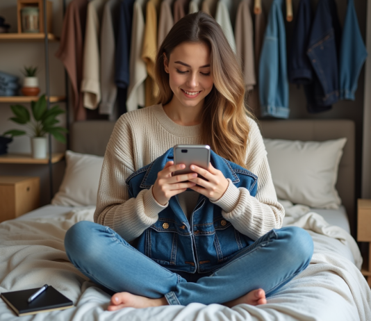 Jeune femme photographiant une veste pliée dans sa chambre cosy