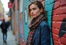 Jeune femme confiante devant un mur de street art urbain
