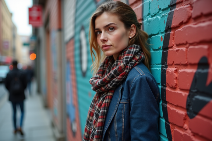 Jeune femme confiante devant un mur de street art urbain