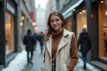 Jeune femme en veste tricotée dans la rue en hiver