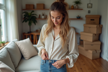 Jeune femme examine un vêtement dans un salon moderne