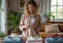 Vente authentique : Zalando propose-t-il des articles de qualité ? Jeune femme inspectant un vêtement dans un salon lumineux