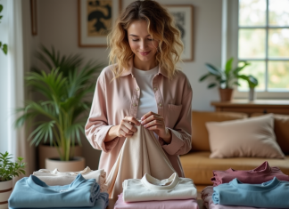 Vente authentique : Zalando propose-t-il des articles de qualité ? Jeune femme inspectant un vêtement dans un salon lumineux