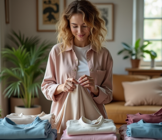 Vente authentique : Zalando propose-t-il des articles de qualité ? Jeune femme inspectant un vêtement dans un salon lumineux