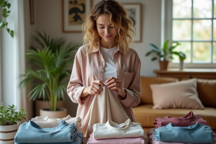 Jeune femme inspectant un vêtement dans un salon lumineux