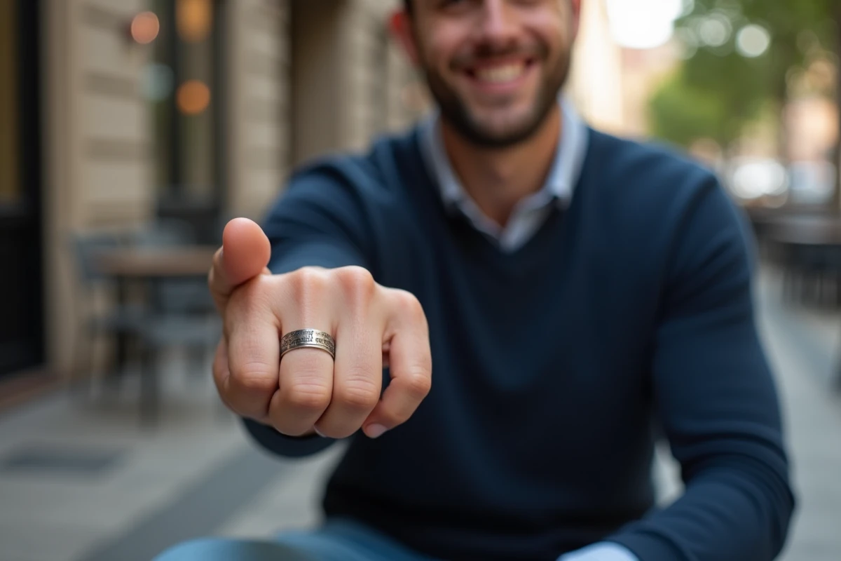 Jeune homme souriant montre un anneau gravé dans un café urbain