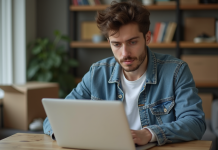 Jeune homme en denim assis à son bureau à la maison