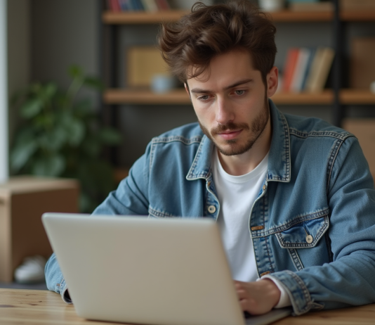 Jeune homme en denim assis à son bureau à la maison