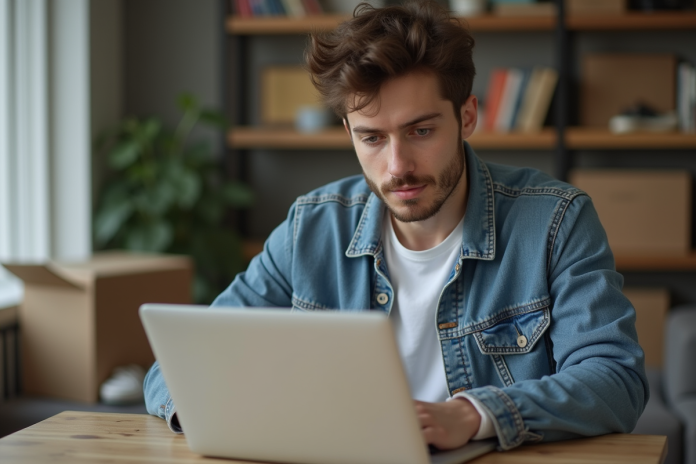 Jeune homme en denim assis à son bureau à la maison