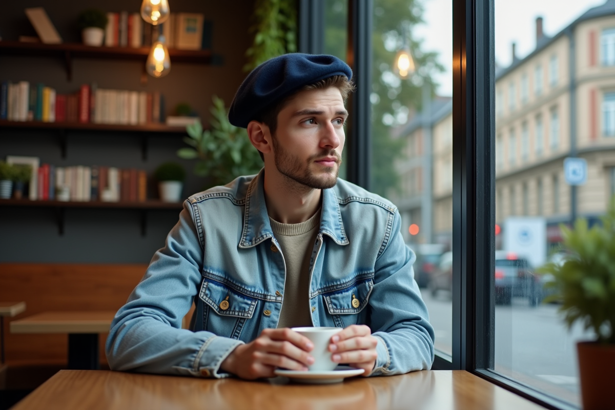 Jeune homme avec beret en café urbain intérieur