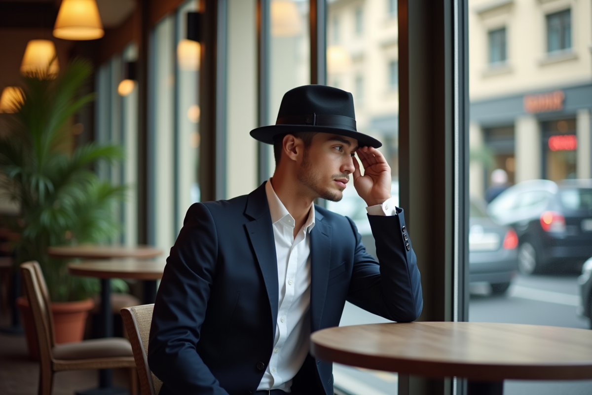Jeune homme ajustant son chapeau dans un café lumineux
