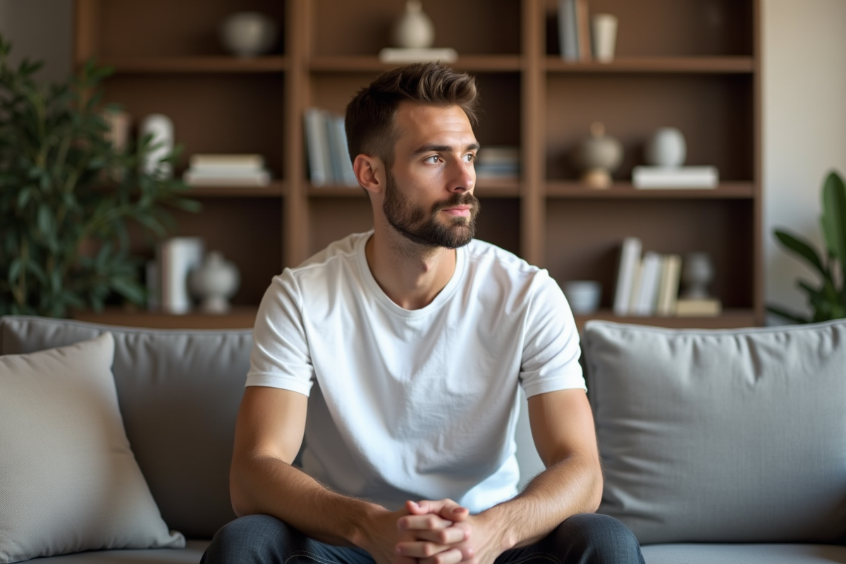 Jeune homme assis dans un salon pour l