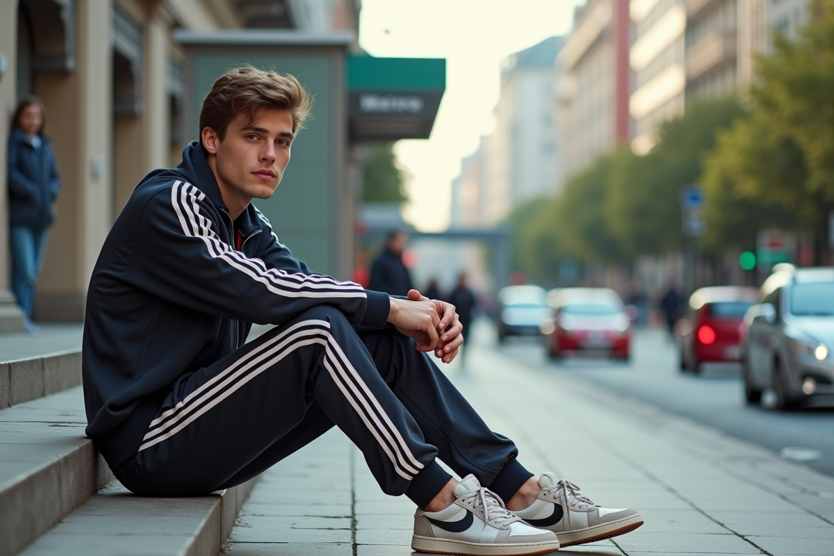 Jeune homme en tracksuit rétro assis devant une station de métro