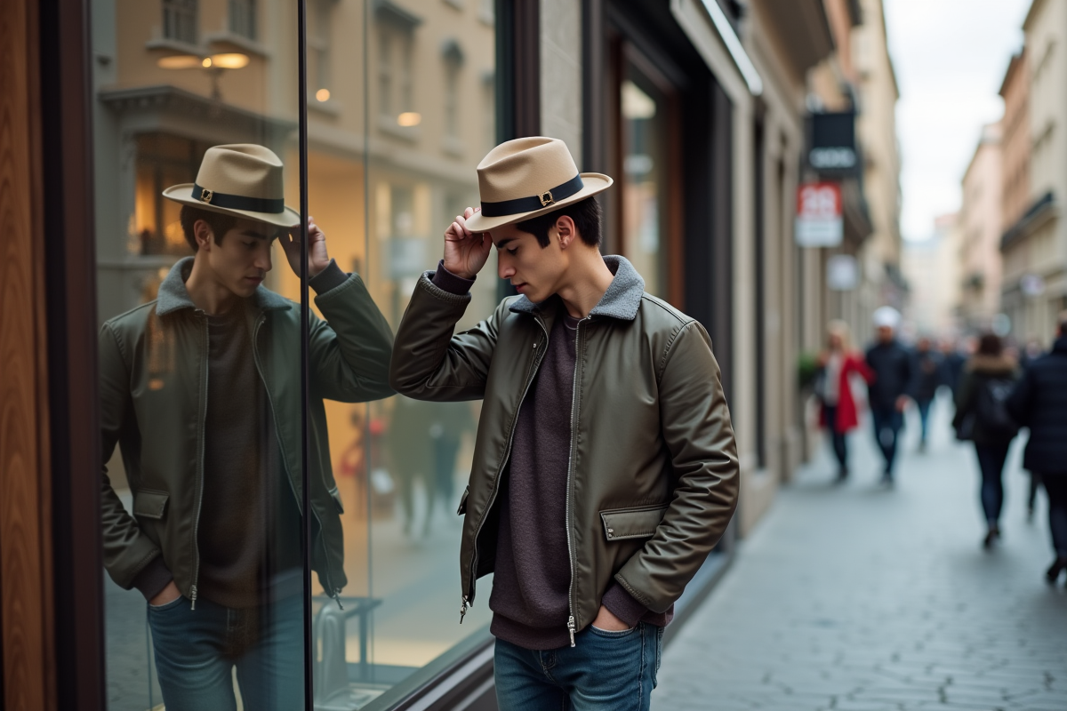 Jeune homme portant un fedora dans la rue urbaine