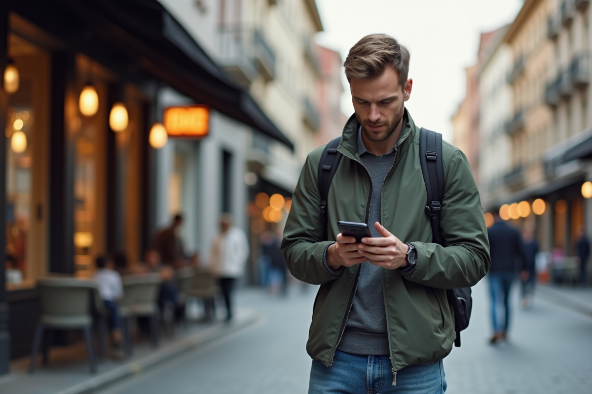 Jeune homme confiant utilisant son smartphone en ville moderne