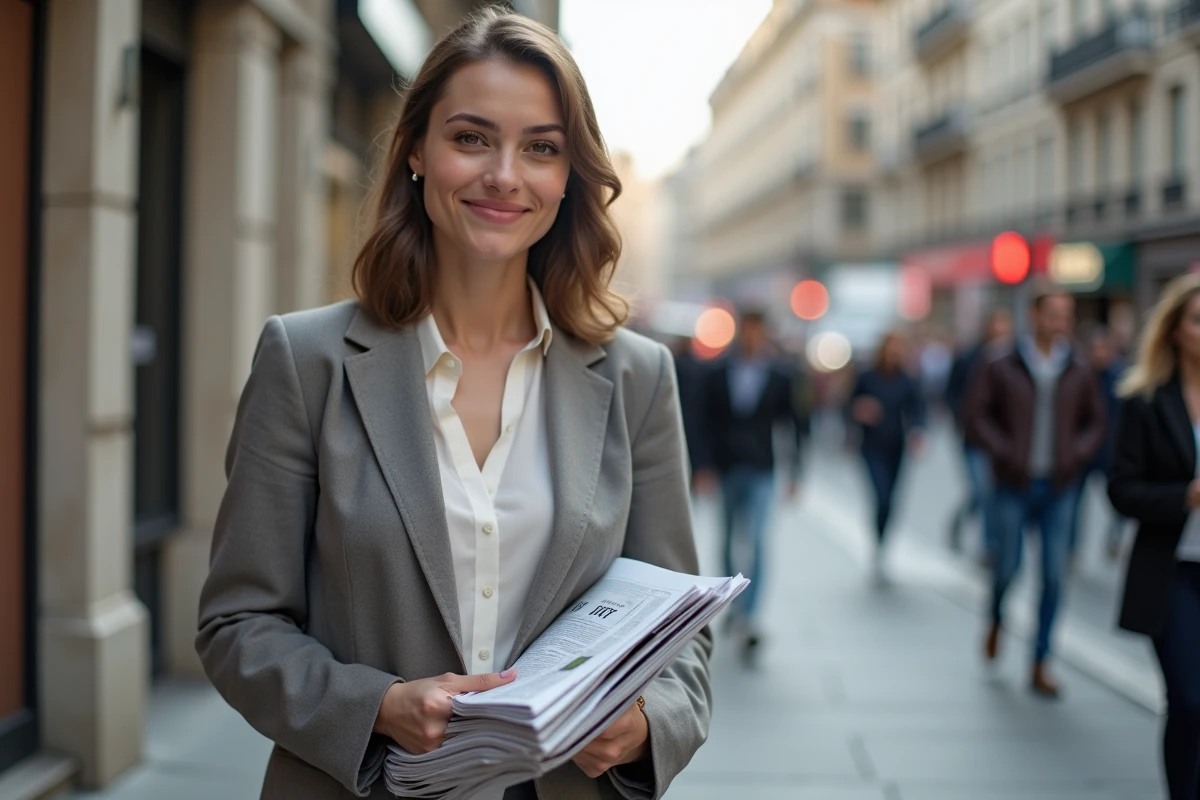 Jeune femme journaliste tenant des journaux dans une rue urbaine animée