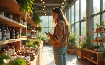 Jeune personne achetant dans un magasin écologique moderne