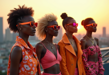 Jeunes adultes mode futuriste sur un rooftop en ville