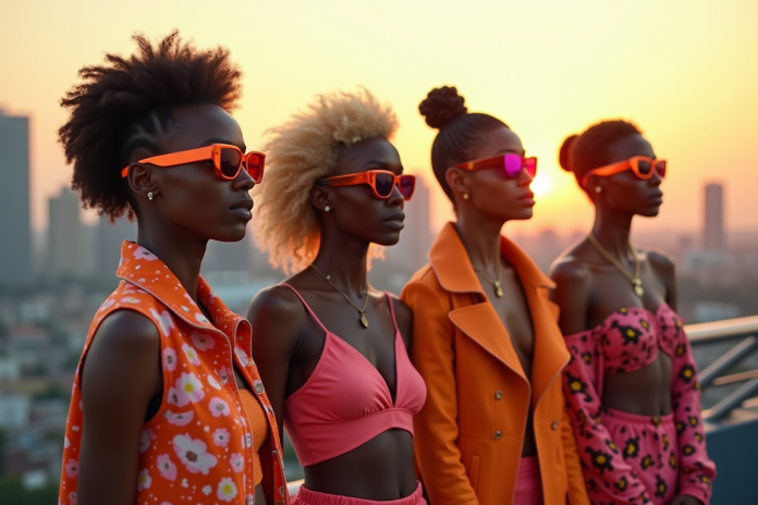Jeunes adultes mode futuriste sur un rooftop en ville