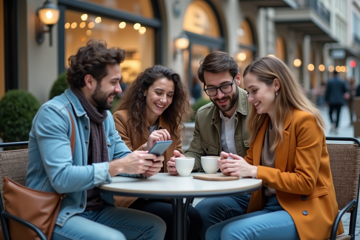 Groupe de jeunes professionnels discutant au café