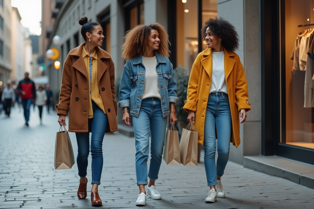 Groupe de jeunes adultes sortant d une boutique urbaine