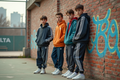 Groupe d'adolescents en vêtements vintage sportswear contre un mur graffité