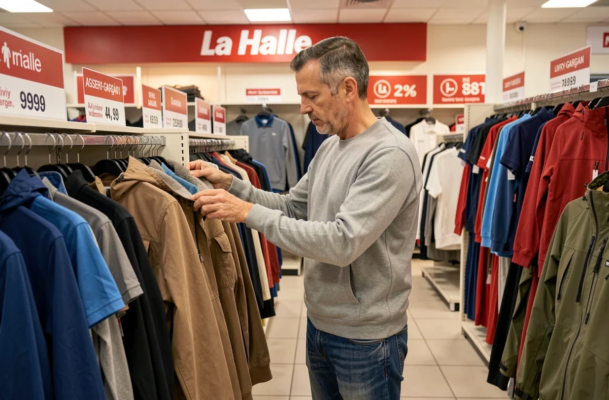 Homme choisissant une veste dans le magasin La Halle à Livry-Gargan, avec des rayons de vêtements masculins accessibles en fond